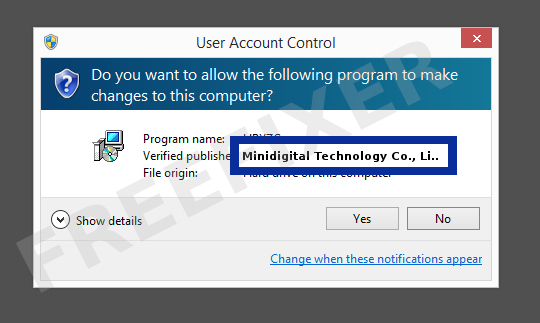 Screenshot where Minidigital Technology Co., Limited appears as the verified publisher in the UAC dialog